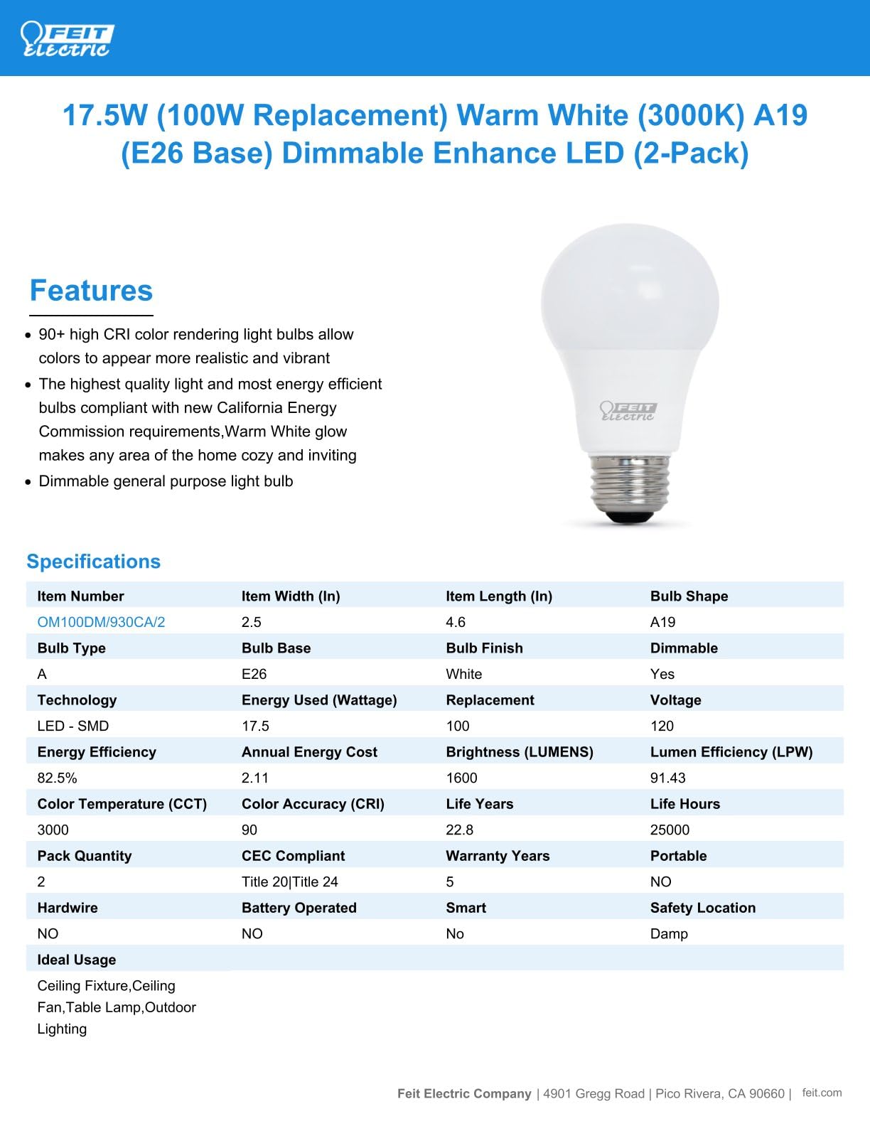 Feit Electric A19 100W LED Dimmable Bulbs