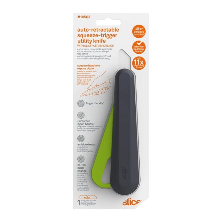 Slice 10563 Smart-Retracting Squeeze-Trigger Utility Knife, Safer Choice, Never Rusts, Lasts 11x Longer Than Metal, Finger Friendly Ceramic Blade, 1 Pack