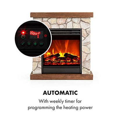 Klarstein Lienz Electric Fire with Flame Effect - Electric Fireplace, Electric Fire Place, 900/1800W, OpenWindow Detection, Dimmable Light, Weekly Timer, Thermostat, Remote, Stone Look, Brown