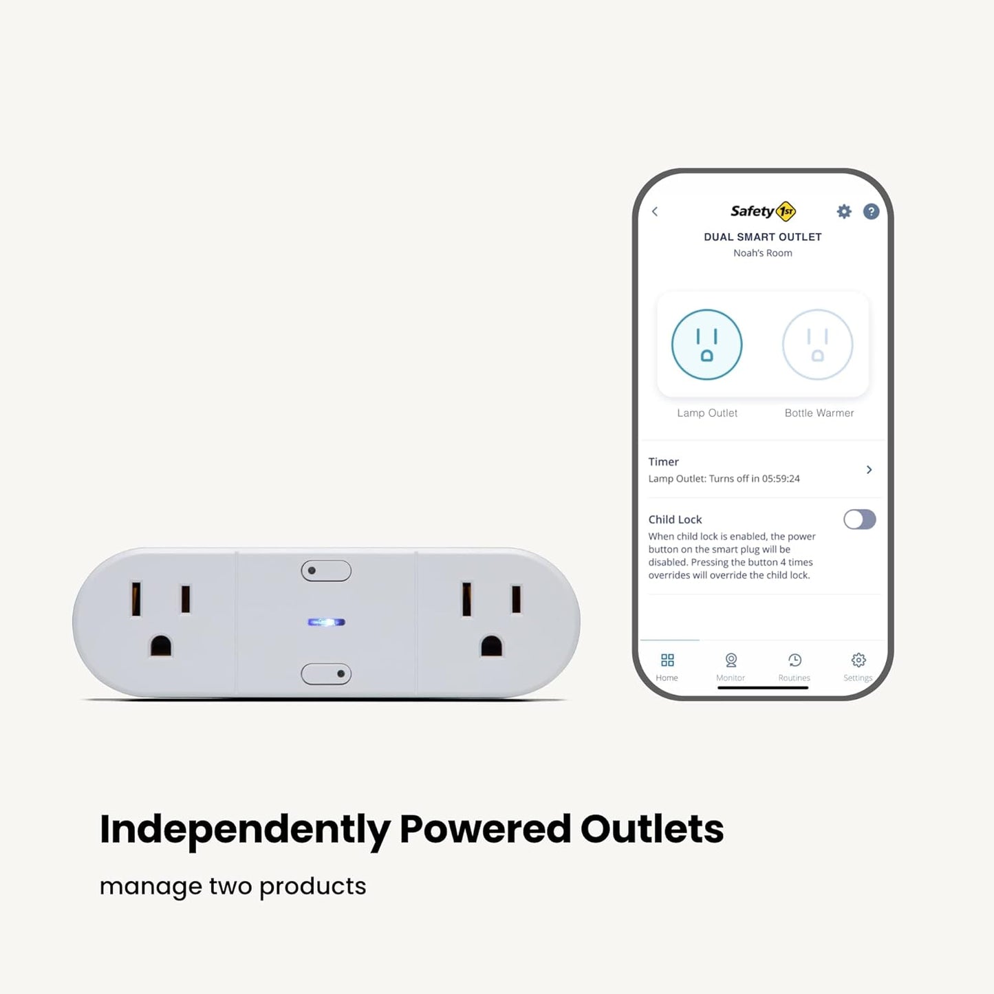 Safety 1st Connected Dual Smart Outlet — Wi-Fi Plug, No Hub Required, Independently Controllable Outlets, Timer & Schedule, ETL Certified, Wi-Fi Controlled, iOS and Android Compatible