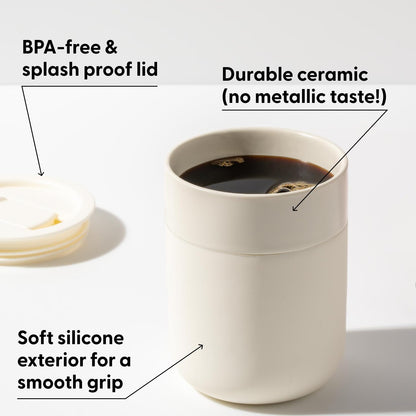 W&P Porter Ceramic Mug w/ Protective Silicone Sleeve, Cream 12 Ounces | On-the-Go | No Seal Tight | Reusable Cup for Coffee or Tea | Portable | Dishwasher Safe (WP-PMC-CM)
