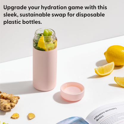 W&P Porter Glass Wide Mouth Bottle w/ Protective Silicone Sleeve | Blush 16 Ounces | On-the-Go | Reusable Bottle | Portable and Lightweight | Dishwasher Safe