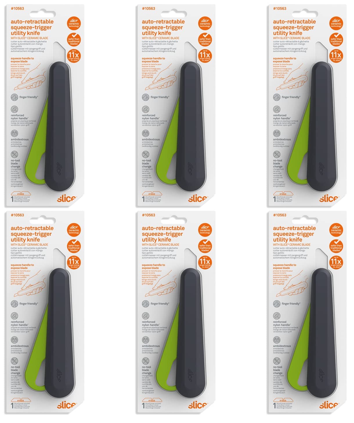Slice 10563 Smart-Retracting Squeeze-Trigger Utility Knife, Safer Choice, Never Rusts, Lasts 11x Longer Than Metal, Finger Friendly Ceramic Blade, 1 Pack