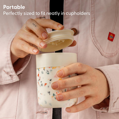 W&P Porter Ceramic Mug w/ Protective Silicone Sleeve, Cream 12 Ounces | On-the-Go | No Seal Tight | Reusable Cup for Coffee or Tea | Portable | Dishwasher Safe (WP-PMC-CM)