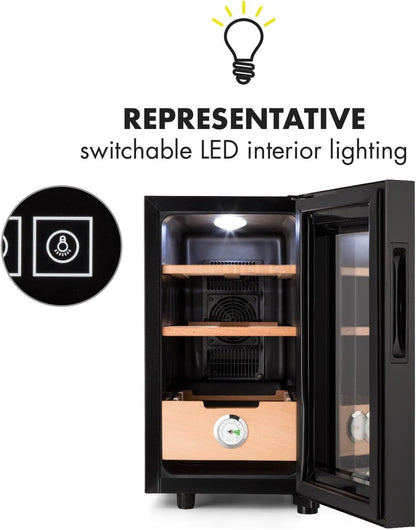 Klarstein El Presidente • 100-Cigar Cooler • Humidor • 50W • 0.8 Cu. Ft • 53-73 °F • Touch Control • Stainless Steel • LED • Black