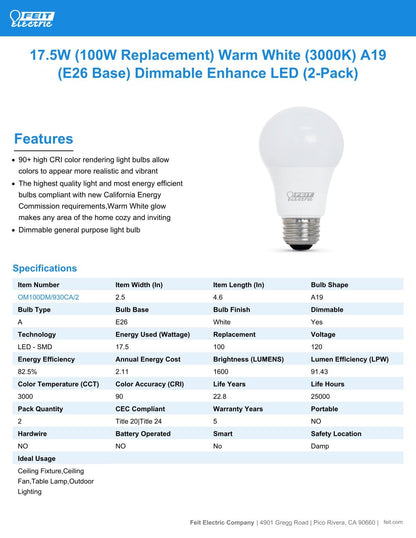 Feit Electric A19 100W LED Dimmable Bulbs