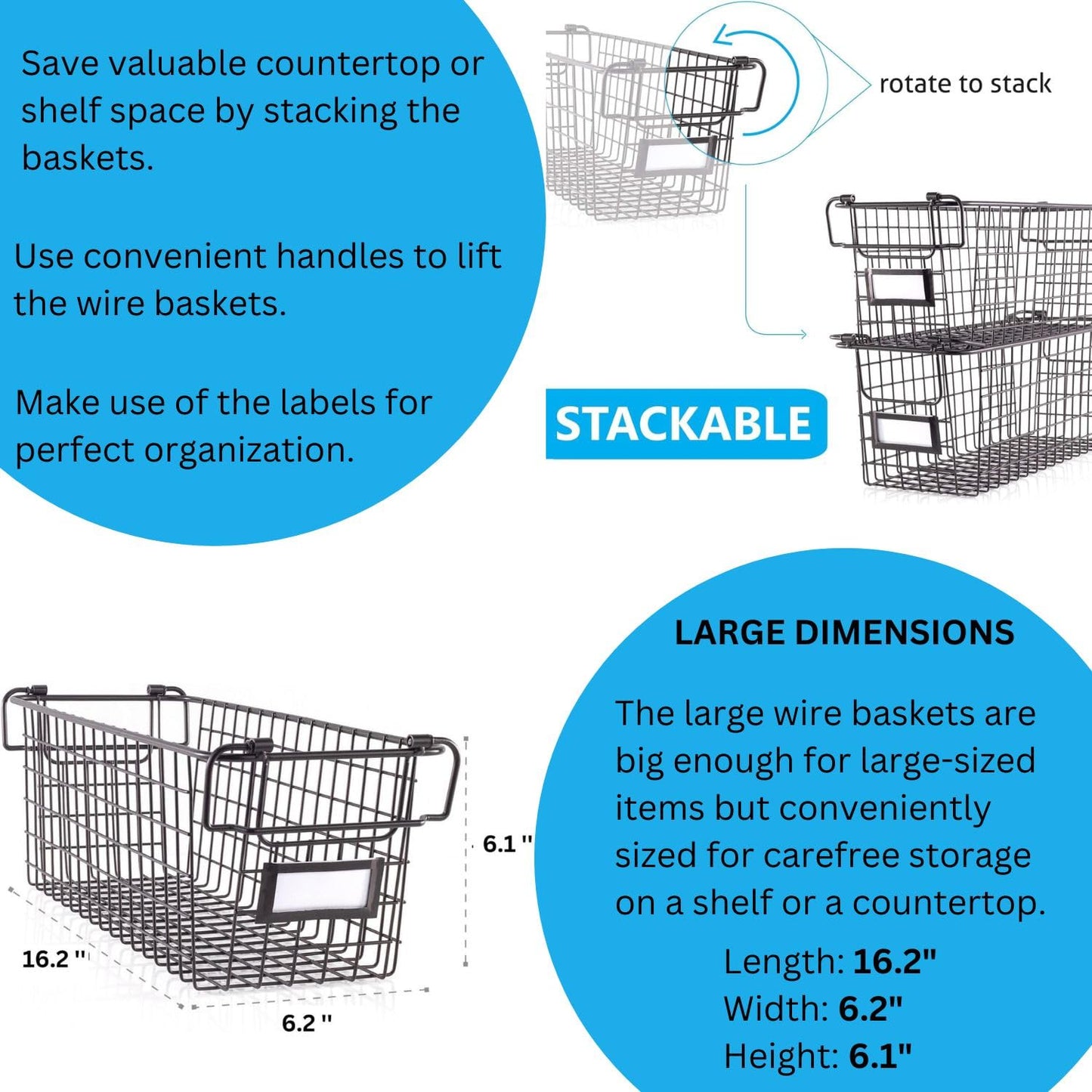 Granrosi XL Stackable Wire Baskets for Organizing - Set of 2