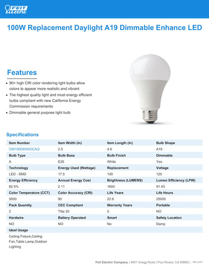 Feit Electric A19 100W LED Dimmable Bulbs