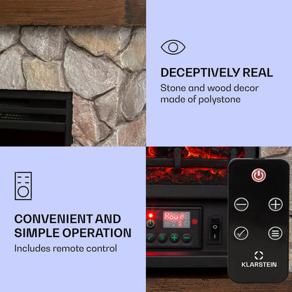 Klarstein Lienz Electric Fire with Flame Effect - Electric Fireplace, Electric Fire Place, 900/1800W, OpenWindow Detection, Dimmable Light, Weekly Timer, Thermostat, Remote, Stone Look, Brown