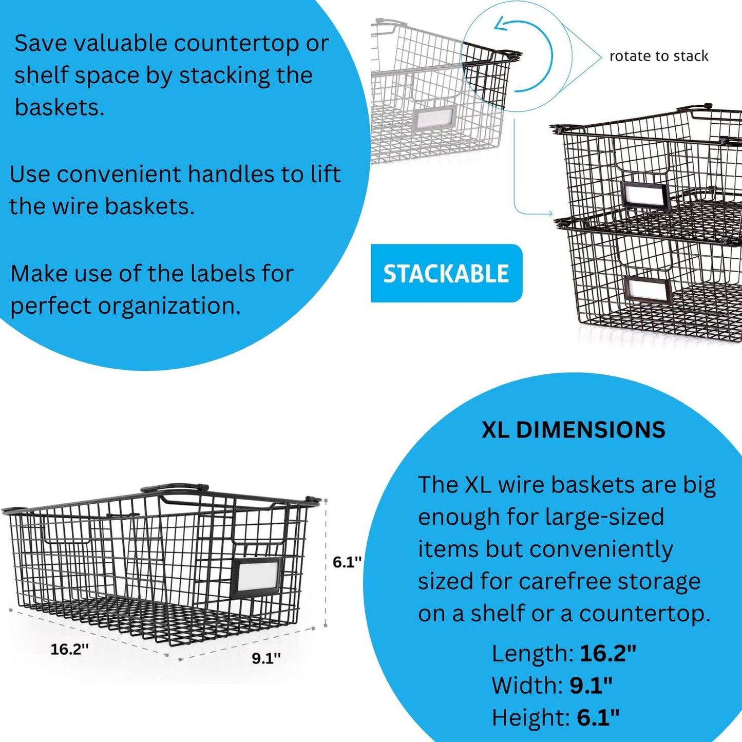 Granrosi XL Stackable Wire Baskets for Organizing - Set of 2