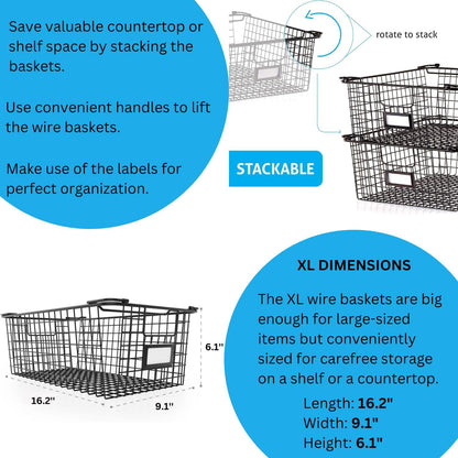 Granrosi XL Stackable Wire Baskets for Organizing - Set of 2