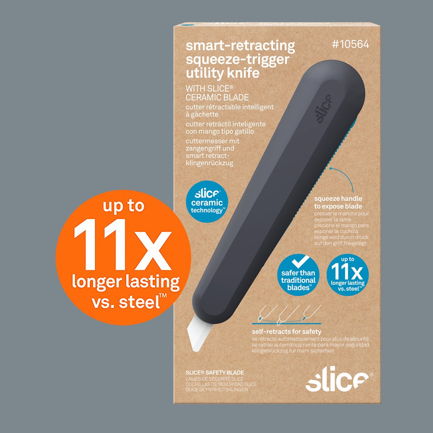 Slice 10563 Smart-Retracting Squeeze-Trigger Utility Knife, Safer Choice, Never Rusts, Lasts 11x Longer Than Metal, Finger Friendly Ceramic Blade, 1 Pack