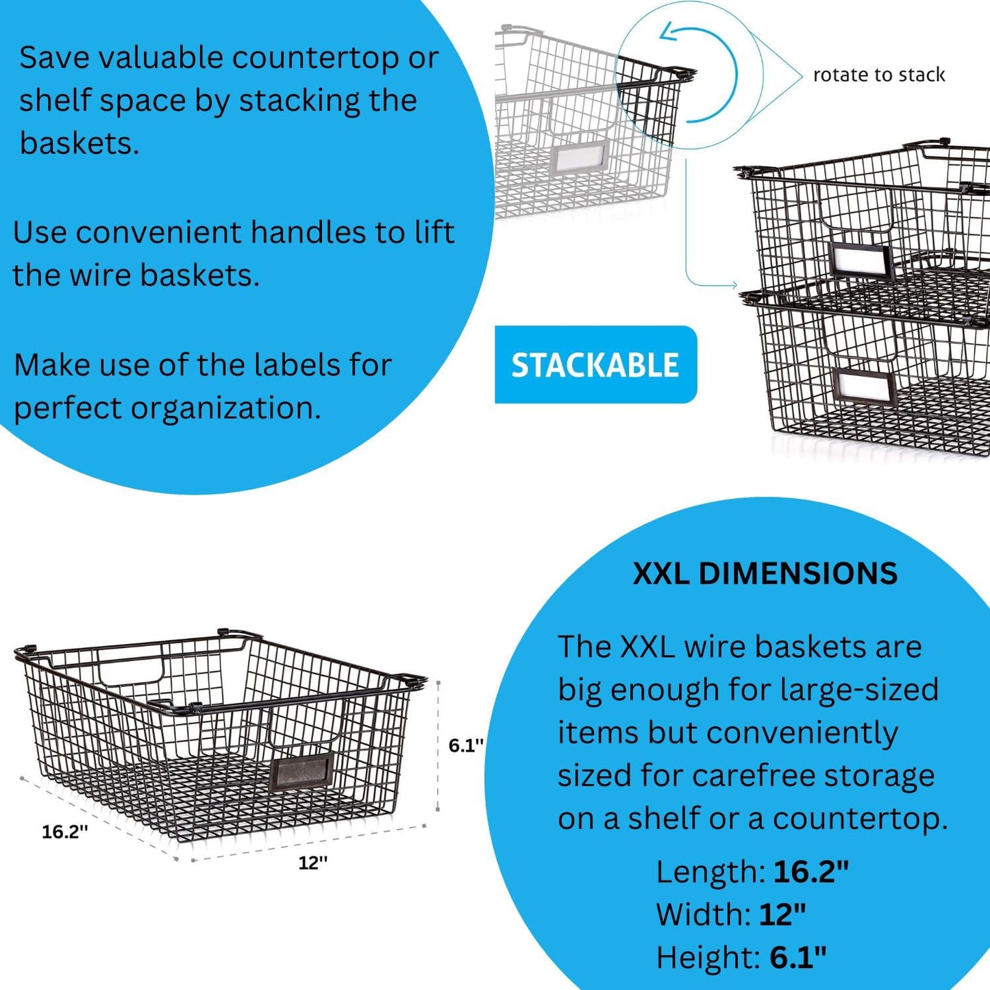 Granrosi XL Stackable Wire Baskets for Organizing - Set of 2