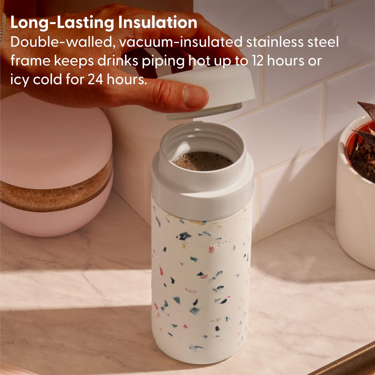 W&P Porter Insulated Bottle 16 oz | Clean Taste Ceramic Coating for Water, Coffee, & Tea | Wide Mouth Vacuum Insulated | Dishwasher Safe, Blush Terrazzo