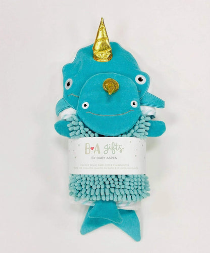Baby Aspen Four-Piece Narwhal Bath Gift Set, Blue, One Size