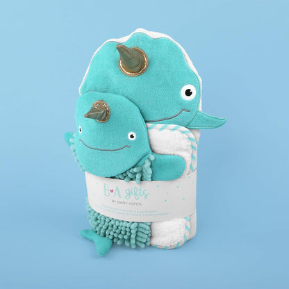 Baby Aspen Four-Piece Narwhal Bath Gift Set, Blue, One Size